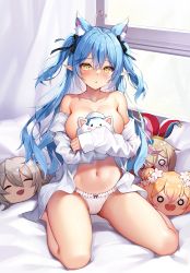 Rule 34 | 1girl, :o, ahoge, animal ear fluff, animal ears, bare legs, bare shoulders, bed sheet, black ribbon, blue hair, blush, bow, bow panties, breasts, cat ears, character doll, clothes pull, collarbone, covering breasts, covering privates, curtains, frilled panties, frills, full body, hair between eyes, hair ribbon, highres, hololive, large breasts, long hair, looking at viewer, momosuzu nene, navel, no bra, omaru polka, on bed, open clothes, open shirt, panties, pinki o64, pointy ears, pulling own clothes, revision, ribbon, seiza, shirt, shirt pull, shishiro botan, sidelocks, sitting, solo, stomach, twintails, underwear, virtual youtuber, white curtains, white panties, white shirt, window, yellow eyes, yukihana lamy, yukihana lamy (casual), yukimin (yukihana lamy)