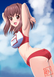 Rule 34 | 10s, 1girl, adapted uniform, armpits, arms behind head, artist name, ass, bikini, breasts, brown eyes, brown hair, butt crack, cloud, cloudy sky, commentary request, cowboy shot, day, from side, girls und panzer, highres, kondou taeko, looking at viewer, looking back, medium breasts, open mouth, outdoors, red bikini, short hair, signature, sky, smile, solo, sportswear, standing, swimsuit, t k, volleyball uniform
