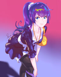 Rule 34 | 1girl, bag, bakemonogatari, black pantyhose, blue background, blue eyes, blush, breasts, cleavage, closed mouth, collarbone, commentary request, dress, feet out of frame, frilled dress, frills, gradient background, hair ornament, hair scrunchie, handbag, heart, heart necklace, highres, jewelry, leaning forward, long hair, looking at viewer, medium breasts, monogatari (series), multicolored background, necklace, panties, panties around leg, pantyhose, partial commentary, ponytail, purple dress, purple hair, rapa rachi, red background, ribbon, scrunchie, senjougahara hitagi, shadow, signature, sleeves past elbows, solo, underwear, white scrunchie
