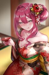 Rule 34 | 1girl, alcohol, baobhan sith (fate), bare shoulders, breasts, cleavage, collarbone, cup, drunk, fate/grand order, fate (series), flower, grey eyes, hair bun, hair flower, hair ornament, highres, ichi kq, japanese clothes, kimono, large breasts, licking lips, long hair, long sleeves, looking at viewer, obi, off shoulder, pink hair, pointy ears, red kimono, sakazuki, sake, sash, sidelocks, single hair bun, smile, solo, tongue, tongue out, wide sleeves