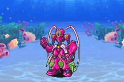 Rule 34 | amphimon, android, animated, armor, attack, digimon, digimon (creature), diving suit, full armor, gynoid, looking at viewer, mecha girl, pixel art, robot girl, underwater, video