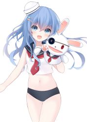Rule 34 | 1girl, :d, bare arms, bare shoulders, bikini, bikini bottom only, black bikini, blue eyes, blue hair, blush, cowboy shot, crop top, curly hair, date a live, gluteal fold, hair between eyes, hair ornament, hairclip, hat, heart, heart hair ornament, highres, matching outfits, mini hat, navel, neckerchief, open mouth, red neckerchief, sailor bikini, sailor collar, sailor hat, shiratoriko, simple background, sleeveless, smile, solo, star (symbol), star hair ornament, stomach, swimsuit, thigh gap, thighs, tilted headwear, white background, yoshino (date a live), yoshinon