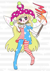 Rule 34 | 1girl, american flag legwear, american flag shirt, blonde hair, blue pants, blue shirt, blush, clownpiece, dotaku (wran8845), fairy wings, fire, full body, grey background, hat, highres, jester cap, long hair, looking at viewer, multicolored clothes, multicolored pants, multicolored shirt, no shoes, open mouth, pants, pink eyes, pink hat, polka dot, red pants, red shirt, shirt, short sleeves, solo, standing, star (symbol), star print, starry background, striped background, striped clothes, striped pants, striped shirt, torch, touhou, white background, white pants, white shirt, wings