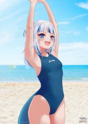Rule 34 | 1girl, absurdres, arms up, beach, blue eyes, blue hair, blue one-piece swimsuit, blue sky, blunt bangs, breasts, cloud, commentary, competition swimsuit, day, english commentary, fins, fish tail, gawr gura, grey hair, highres, hololive, hololive english, horizon, kyoru, looking at viewer, medium hair, multicolored hair, ocean, one-piece swimsuit, outdoors, shark girl, shark tail, sharp teeth, sky, small breasts, solo, standing, streaked hair, swimsuit, tail, teeth, two side up, virtual youtuber, white hair