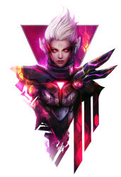 Rule 34 | 1girl, alternate costume, commentary, cyborg, ear protection, fiora (league of legends), glowing, glowing eyes, league of legends, lips, muju, neon trim, nose, pink eyes, project: fiora, solo, spiked hair, upper body, white hair
