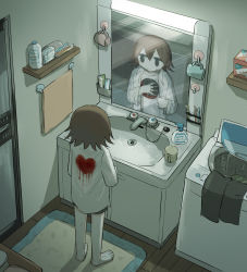 Rule 34 | 1boy, absurdres, avogado6, bathroom, blood, blood on clothes, brown hair, collared shirt, commentary, cup, faucet, from above, hair between eyes, heart, highres, hole in chest, hole on body, looking at mirror, male focus, mirror, mug, original, pants, reflection, shirt, short hair, sink, solo, toothbrush, top-load washing machine, towel, washing machine, wooden floor