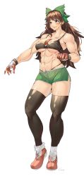Rule 34 | 1girl, bare shoulders, black bra, black thighhighs, bow, bra, brown eyes, brown hair, clenched hand, collarbone, full body, gloves, green bow, green shorts, hair bow, highres, long hair, muscular, muscular female, open mouth, red footwear, reiuji utsuho, shoes, shorts, signature, simple background, solo, standing, teeth, thighhighs, third eye, tomatolover16, touhou, underwear, upper teeth only, v-shaped eyebrows, white background