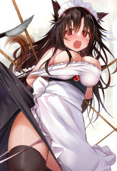 Rule 34 | 1girl, alternate costume, animal ears, apron, areola slip, arms behind back, black hair, black thighhighs, blush, breasts, commentary request, efe, enmaided, hair over eyes, highres, imaizumi kagerou, large breasts, long hair, maid, maid headdress, open mouth, panties, pink panties, red eyes, restrained, revision, simple background, solo, sweat, tail, tears, thighhighs, touhou, underwear, white apron, white background, wolf ears, wolf girl, wolf tail