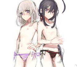 Rule 34 | 10s, 2boys, ahoge, androgynous, bad id, bad pixiv id, black hair, blush, cowboy shot, crossdressing, hands on own hips, honebami toushirou, long hair, looking at viewer, male focus, multiple boys, namazuo toushirou, navel, nipples, own hands together, panties, ponytail, purple eyes, side-tie panties, sketch, striped clothes, striped panties, touken ranbu, trap, underwear, underwear only, usashi, very long hair, white background