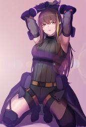 Rule 34 | 1girl, 3 small spiders, absurdres, armpits, arms up, black hair, black legwear, blonde hair, breasts, clothes around waist, girls&#039; frontline, hair between eyes, highres, jacket, jacket around waist, leotard sweater, long hair, looking at viewer, m4a1 (girls&#039; frontline), m4a1 (mod3) (girls&#039; frontline), medium breasts, multicolored hair, open mouth, simple background, solo, streaked hair, yellow eyes