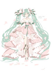 Rule 34 | 1girl, absurdly long hair, absurdres, aqua eyes, aqua hair, bare shoulders, branch, butterfly ornament, dress, flower, frilled dress, frills, full body, hair branch, hair flower, hair ornament, haruri, hatsune miku, headset, highres, long hair, looking at viewer, pink dress, sketch, smile, solo, strapless, strapless dress, twintails, very long hair, vocaloid, white background