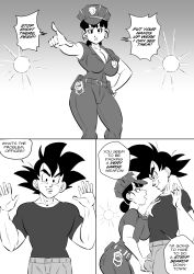 Rule 34 | absurdres, acting, black eyes, black hair, breasts, chi-chi (dragon ball), couple, dragon ball, english text, funsexydragonball, grabbing pecs, hands up, highres, husband and wife, large breasts, muscular, muscular male, police, police uniform, policewoman, pressing breast on partner, son goku, speech bubble, squeezing testicles, tagme, testicles, thick thighs, thighs, uniform