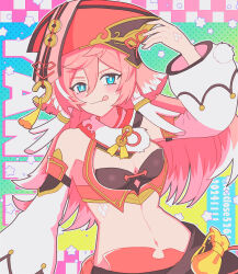 1girl :q bare_shoulders blue_eyes blush breasts cleavage crop_top detached_sleeves genshin_impact hat highres long_hair long_sleeves looking_at_viewer midriff navel pink_hair pom_pom_(clothes) red_hat rosu_(lostlose5261) smile solo stomach tongue tongue_out upper_body very_long_hair yanfei_(genshin_impact)