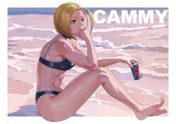 1girl abs absurdres ahoge barefoot bikini blonde_hair blue_eyes cammy_white facial_scar highres huge_ahoge scar scar_on_cheek scar_on_face short_hair solo street_fighter street_fighter_6 swimsuit water yagi_(joe731842)