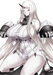 Rule 34 | 10s, 1girl, abyssal ship, bare shoulders, boots, breasts, claws, detached sleeves, dress, horns, huge breasts, kantai collection, kneeling, long hair, red eyes, ribbed dress, ribbed sweater, seaport princess, short dress, sideboob, simple background, single horn, sleeveless, sleeveless turtleneck, solo, sweater, sweater dress, thighs, turtleneck, umino mokuzu (a4 size), white background, white hair