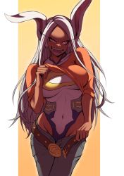 Rule 34 | 1girl, animal ears, belt, boku no hero academia, breasts, clothes lift, clothes pull, collarbone, covered navel, crescent print, dark-skinned female, dark skin, denim, female focus, highleg, highleg leotard, highres, kristallion, large breasts, leotard, leotard under clothes, lifting own clothes, long eyelashes, long hair, looking at viewer, mirko, open mouth, orange shirt, pants, pants pull, parted bangs, pillarboxed, rabbit ears, rabbit girl, raised eyebrow, red eyes, shirt, shirt lift, smile, solo, taut leotard, toned, tongue, uneven eyes, white hair, white leotard, yellow background