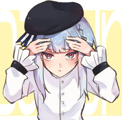 Rule 34 | 1boy, akuma shitsuji to kuroi neko, androgynous, bad id, bad pixiv id, blue eyes, blue hair, blush, crying, crying with eyes open, embarrassed, flure garcia, hat, highres, long sleeves, looking at viewer, looking up, mm ii rk, multicolored eyes, pale skin, pink eyes, tearing up, tears