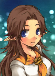 Rule 34 | 1girl, alternate hair color, blue eyes, blush, breasts, brown hair, light smile, long hair, malon, nintendo, pointy ears, smile, solo, the legend of zelda, the legend of zelda: ocarina of time, yoya torisan