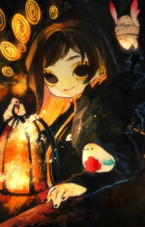 Rule 34 | 1girl, big bird (project moon), binah (project moon), bird, black eyes, black hair, black jacket, black nails, black shirt, blonde hair, closed mouth, colored inner hair, commentary request, earclip, highres, holding, holding lantern, jacket, judgement bird, lantern, library of ruina, long hair, long sleeves, mochigome 138, multicolored hair, open clothes, open jacket, project moon, punishing bird, shirt, smile