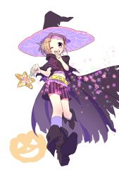 Rule 34 | 10s, 1boy, aged down, blush, boots, brown hair, cape, child, full body, hat, idolmaster, idolmaster side-m, male focus, one eye closed, open mouth, purple eyes, rice (rice8p), shorts, smile, solo, wand, watanabe minori, witch hat