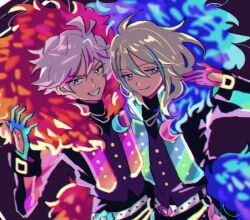 Rule 34 | 2boys, backlighting, belt, black jacket, blonde hair, blue gloves, blue hair, closed mouth, commentary request, fur-trimmed jacket, fur trim, gloves, glowing clothes, grin, hair between eyes, hand up, idol clothes, idol land pripara, jacket, long hair, long sleeves, looking at viewer, looking to the side, male focus, multicolored hair, multiple boys, ooedo shinya, open mouth, pink gloves, pink hair, pretty series, pripara, purple background, purple eyes, rituyama1, short hair, simple background, smile, standing, streaked hair, ushimitsu (pripara), white belt