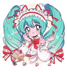 Rule 34 | 1990s (style), 1girl, absurdres, blue eyes, blue hair, blush, bow, bowtie, cake, chellyko, cup, detached sleeves, dress, drink, flower, food, fruit, hair flower, hair ornament, hatsune miku, highres, holding, long hair, long sleeves, looking at viewer, macaron, maid headdress, plate, red bow, red bowtie, red nails, retro artstyle, sleeveless, sleeveless dress, smile, sparkle, spoon, standing, strawberry, strawberry miku (morikura), tea, teacup, teapot, treble clef, twintails, upper body, vocaloid, white background, white dress