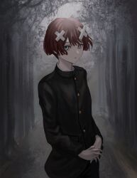Rule 34 | 1boy, absurdres, androgynous, black suit, cowboy shot, diamond-shaped pupils, diamond (shape), dot nose, fog, forest, formal, green eyes, hair ornament, highres, kyano (kyanora3141), long sleeves, looking at viewer, nature, open mouth, original, own hands together, short hair, standing, suit, symbol-shaped pupils, tree, x hair ornament