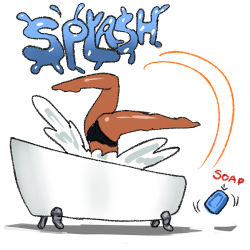 Rule 34 | 1girl, arung samudra (cessa), bathtub, cessa, claw foot bathtub, commentary, dark skin, dark-skinned female, english commentary, english text, lowres, ombok diving and delivery services, simple background, soap, solo, splashing, upside-down, white background