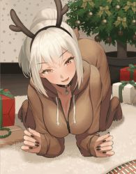 Rule 34 | 1girl, all fours, animated, animated gif, ass shake, blonde hair, blush, box, breasts, christmas, christmas tree, cleavage, cona ember (jagaimo (kkamja)), closed eyes, gift, gift box, green eyes, happy, huge breasts, jagaimo (kkamja), large breasts, medium hair, nail polish, open mouth, ponytail, smile, solo, tree