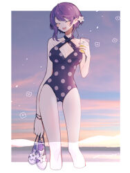 Rule 34 | 1girl, :q, bad arm, bare arms, bare legs, bare shoulders, black one-piece swimsuit, border, bracelet, breasts, casual one-piece swimsuit, cleavage, covered navel, cropped legs, cup, flower, footwear flower, hair flower, hair ornament, halterneck, highres, holding, holding cup, holding sandals, holding shoes, jewelry, large breasts, licking lips, maco22, medium breasts, ocean, one-piece swimsuit, original, outdoors, outside border, polka dot, polka dot swimsuit, purple hair, sandals, shoes, short hair, smile, solo, standing, swimsuit, tongue, tongue out, unworn sandals, wading, water, white border, white flower
