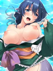 Rule 34 | 1girl, bare shoulders, blue eyes, blue hair, blush, breasts, fins, head fins, hemogurobin a1c, japanese clothes, kimono, large areolae, large breasts, long sleeves, looking at viewer, mermaid, monster girl, nipples, obi, open mouth, partially submerged, sash, smile, solo, sparkle, tareme, touhou, upper body, wakasagihime, water, wet, wide sleeves