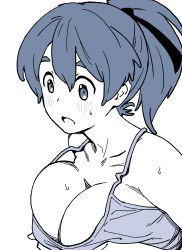 Rule 34 | 1girl, blue theme, blush, breast lift, breasts, cleavage, collarbone, girls und panzer, hair ribbon, highres, koyama yuzu, large breasts, long hair, monochrome, onsen tamago (hs egg), open mouth, ponytail, ribbon, short ponytail, solo, tank top, upper body