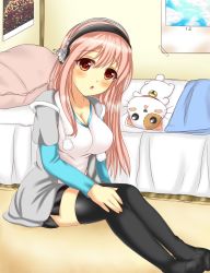 Rule 34 | 1girl, :o, bad id, bad pixiv id, black thighhighs, blush, headphones, highres, nitroplus, open mouth, pink eyes, pink hair, roberi, sitting, solo, stuffed toy, super sonico, thighhighs