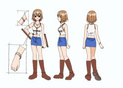 Rule 34 | 00s, 1girl, boots, bracelet, brown hair, character sheet, elie, jewelry, lowres, miniskirt, model sheet, multiple views, necklace, pencil skirt, rave, short hair, skirt, tank top, turnaround, weapon