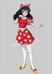 1girl bow disney dress full_body gloves hair_bow high_heels highres humanization long_hair looking_at_viewer minnie_mouse open_mouth pantyhose personification polka_dot short_hair smile solo white_gloves yumeutt_zzz