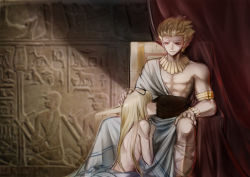 Rule 34 | 1boy, 1girl, blonde hair, bow, crossover, earrings, fate/stay night, fate/zero, fate (series), gilgamesh (fate), hair bow, headpat, hetero, highres, jewelry, long hair, necklace, official alternate costume, parody, red eyes, short hair, spinel (9057), toga, topless, topless male, touhou, type-moon, yakumo yukari