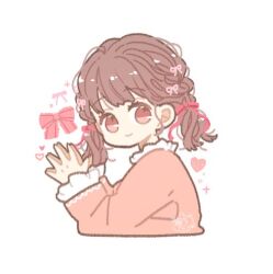Rule 34 | 1girl, bow, brown hair, closed mouth, commentary request, cropped torso, frilled sleeves, frilled sweater, frills, hair bow, hands up, heart, long sleeves, looking at viewer, lowres, messy hair, necono naco, no nose, original, own hands together, palms together, pink bow, pink eyes, short hair, signature, simple background, smile, solo, turning head, upper body, white background
