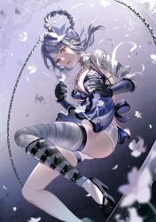 Rule 34 | 1girl, bandaged arm, bandaged leg, bandaged neck, bandages, black footwear, black gloves, blue shirt, braid, braided hair rings, breasts, cleavage, falling flower, flower, foot out of frame, gloves, gradient background, grey background, grey hair, hair flower, hair ornament, hair rings, high heels, highres, kaine (nier), lingerie, looking at viewer, medium breasts, negligee, nier (series), panties, parted lips, shirt, solo, underwear, white panties, yellow eyes, yubuki i