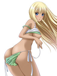 Rule 34 | 1girl, ass, bad id, bad pixiv id, blonde hair, blue eyes, blush, breasts, character request, chiro, clothes lift, from behind, long hair, looking at viewer, looking back, nipples, open mouth, panties, panty pull, shirt lift, side-tie panties, simple background, solo, source request, strap slip, tan, underwear, white background