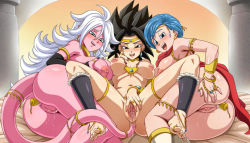 Rule 34 | 3girls, anal, android 21, ass, breasts, bulma, caulifla, dildo, dragon ball, dragon ball fighterz, dragon ball super, female focus, large breasts, looking at viewer, lying, majin android 21, medium breasts, multiple girls, nipples, on back, on side, open mouth, pussy, sano br, sex toy, spread legs, spread pussy, tail, tail insertion, take your pick, tiara, topless