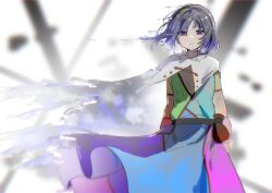 Rule 34 | 1girl, bag, blurry, blurry background, cape, closed mouth, commentary request, hairband, highres, looking at viewer, maisuiren, multicolored clothes, multicolored hairband, purple eyes, solo, standing, tears, tenkyuu chimata, touhou, white background, white cape