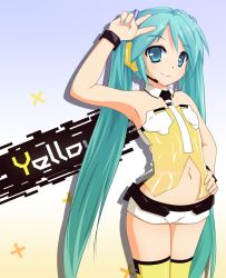 Rule 34 | 1girl, aqua eyes, aqua hair, arm up, armpits, bare shoulders, collar, detached collar, hand on own hip, hatsune miku, headset, highres, hip focus, long hair, maymin, navel, necktie, project diva, project diva (series), project diva 2nd, smile, solo, thighhighs, twintails, v, very long hair, vocaloid, yellow (vocaloid)