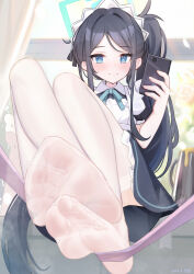 Rule 34 | 1girl, apron, aris (blue archive), aris (maid) (blue archive), black dress, black hair, blue archive, blue eyes, blue halo, blue ribbon, blush, cellphone, closed mouth, collared dress, dress, feet, foot focus, frilled apron, frills, full body, halo, highres, holding, holding phone, kalun (fwme3378), legs, legs up, long hair, maid, maid apron, maid headdress, neck ribbon, no shoes, official alternate costume, phone, ribbon, side ponytail, sidelocks, sitting, smartphone, soles, solo, thighhighs, toes, very long hair, white apron, white thighhighs