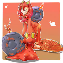 Rule 34 | 1990s (style), 1girl, closed eyes, costume, creatures (company), fire, game freak, gen 2 pokemon, hair bobbles, hair ornament, lowres, magcargo, moemon, nintendo, personification, pokemon, pokemon (creature), pokemon gsc, red hair, retro artstyle, shell, tears, tenjou ryuka, twintails