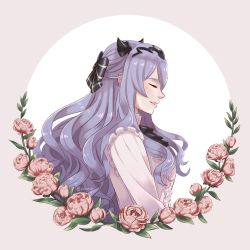 Rule 34 | 1girl, aequorine, alternate costume, bow, camilla (fire emblem), closed eyes, fire emblem, fire emblem fates, flower, from side, hair bow, highres, long hair, long sleeves, nintendo, parted lips, purple hair, simple background, solo, tiara, twitter username, upper body