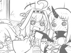 Rule 34 | 10s, 3girls, @ @, abyssal ship, ahoge, aoba (kancolle), blush, bottle, claws, comic, crying, crying with eyes open, double bun, drunk, full-face blush, glass, goma (gomasamune), greyscale, hair bun, holding, horns, kantai collection, kongou (kancolle), long hair, monochrome, multiple girls, nontraditional miko, ponytail, seaport princess, single hair bun, single horn, sketch, streaming tears, tears, translation request