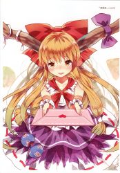 Rule 34 | 1girl, absurdres, blush, bow, brown eyes, collarbone, commentary request, cowboy shot, domotolain, fang, gourd, hair bow, heart, highres, holding, holding letter, horn ornament, horn ribbon, horns, ibuki suika, letter, long hair, looking at viewer, love letter, nose blush, oni, oni horns, open mouth, orange hair, purple ribbon, purple skirt, red bow, red neckwear, ribbon, scan, shirt, sidelocks, simple background, skirt, sleeveless, sleeveless shirt, smile, solo, touhou, translation request, white background, white shirt, wrist cuffs