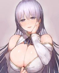 Rule 34 | 1girl, azur lane, blush, breasts, c.cu, cleavage, curvy, detached sleeves, half-closed eyes, hand on own cheek, hand on own face, huge breasts, long hair, looking at viewer, parted lips, pulling own clothes, purple eyes, revision, rodney (azur lane), silver hair, smile, solo, upper body