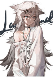 Rule 34 | 1girl, absurdres, alternate costume, arknights, black choker, chain necklace, character name, choker, clothes writing, drawstring, expressionless, hair ornament, hairclip, highres, hood, hoodie, jewelry, lappland (arknights), long hair, long sleeves, looking at viewer, messy hair, necklace, off shoulder, parted lips, rui (woyoudabing rui), scar, scar across eye, simple background, single bare shoulder, single off shoulder, solo, upper body, variant set, white background, white eyes, white hair, white hoodie