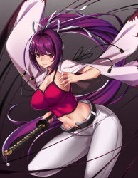 Rule 34 | 1girl, belt, blush, breasts, camisole, cleavage, cloak, floating hair, hair intakes, hair ribbon, highres, holding, holding sword, holding weapon, katana, large breasts, leg up, long hair, looking at viewer, midriff, navel, no bra, ootachi, pants, ponytail, purple hair, red eyes, ribbon, sheath, sheathed, sidelocks, solo, sword, takanashi-a, under night in-birth, very long hair, weapon, white pants, white ribbon, wind, wind lift, yuzuriha (under night in-birth)